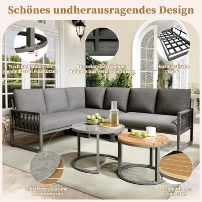 Tuin loungeset 6-7 personen hoekbank 123 x 68 x 86 cm L-vormige tuinmeubelset met 2 salontafels, kussens, gegalvaniseerd ijzeren frame en weerbestendig touwdesign – grijs – Nicolehome