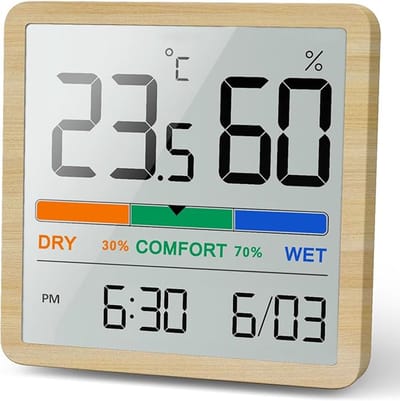 Digitale Thermo-Hygrometer (Houten Look) – Nauwkeurige Binnen Thermometer & Luchtvochtigheidsmeter – Compact & Draagbaar voor Optimaal Binnenklimaat
