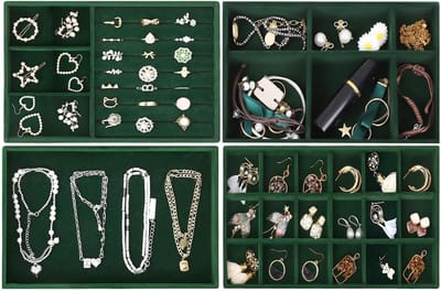 Candala 4 stuks sieradenopslag lade, sieradendienblad, sieradenkistje, fluwelen sieradenorganizer, stapelbaar, sieradenorganizers voor sieraden, oorbellen, armbanden, ringen (groen)