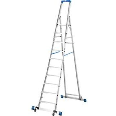 Trapladder, met 10 treden, aluminium, verrijdbaar met dwarssteun