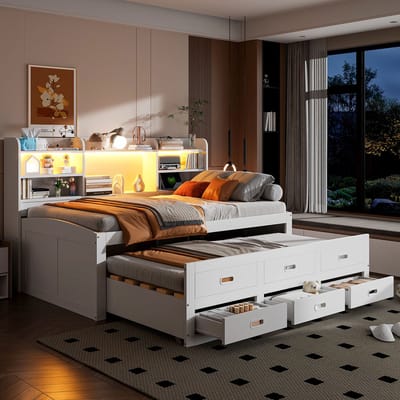 Slaapbank 90x200 cm - Met LED Verlichting En 3 Lades - Uitschuifbed Met Usb - Hout - Wit