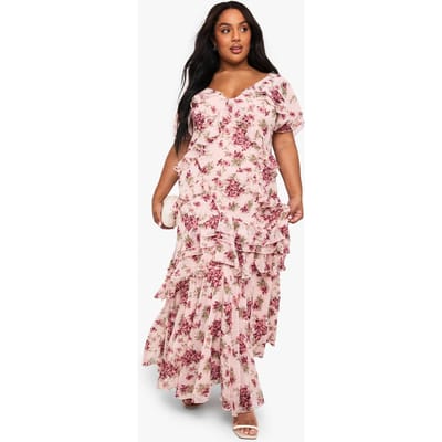 boohoo Dames Plus Dobby Chiffon Maxi-jurk met bloemenprint en franjesdetails | Roze | Maat: 44