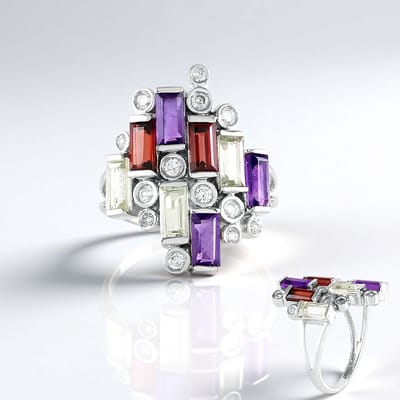 Cavill - Zilveren Ring met Zambia-Amethisten 0.929ct & Mozambique Granaten - 925 Sterling Zilver - Geometrisch Design - Edelstenen Sieraad
