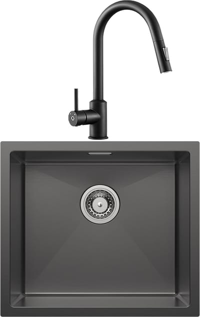 CECIPA max Spoelbak Keuken Antraciet 50x44cm - Spoelbakken Keuken Met Keukenkraan - Wasbak Keuken - Enkele spoelbak Met Sifon en Afvoerzeefje