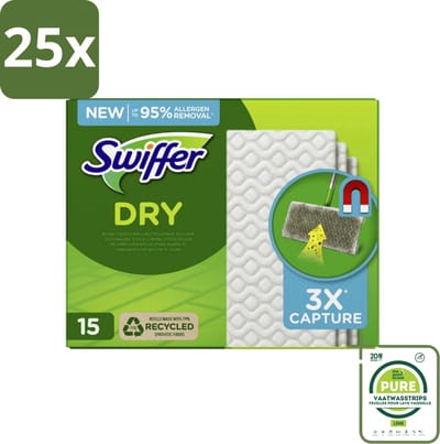 25 x Swiffer Dry - Vloerdoekjes - Navulling - Gerecyclede Fibers - 15 Doekjes - Grootverpakking - Stofzuiger - Stofdoekjes - Vloeren Schoonmaken - Meubels Schoonmaken - Stof Verwijderen