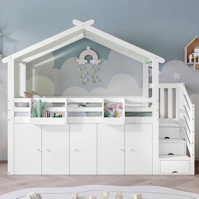 Stapelbed - 90x200 cm - met Kledingkast en Trapkast - extra Opbergruimte - Grenen en MDF - Wit en Groen