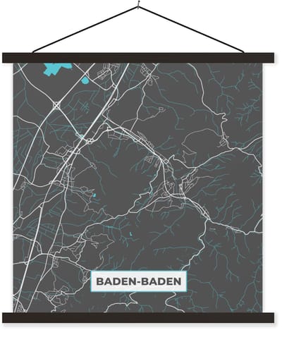 Posterhanger incl. Poster 90x90 cm - Schoolplaat - Baden Baden – Stadskaart – Blauw – Plattegrond – Stadskaart – Kaart - Duitsland - Textielposter - Zwarte latten - Stadskaart