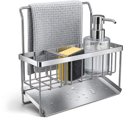 Gootsteen Organizer 304 RVS - Sponshouder met Vaatdoekhouder en Schuin Afdruipbakje - Keuken Organizer voor Afwasmiddel, Borstels en Spons - Roestbestendig en Compact 21,5 x 9 x 10,3 cm - Zilver
