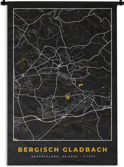 Wandkleed - Wanddoek - Stadskaart – Plattegrond – Duitsland – Goud – Bergisch Gladbach – Kaart - 120x180 cm - Wandtapijt