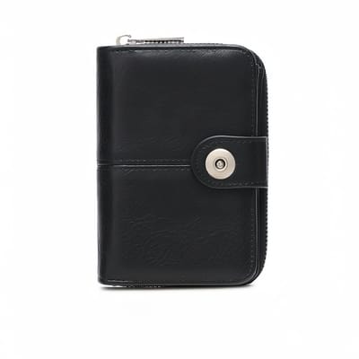 Korte damesportemonnee - RFID - Vintage stijl - Meerdere kaartsleuven - Dubbele ritssluiting - 13,5*9,5*3,5 cm - Zwart - 1 stuk