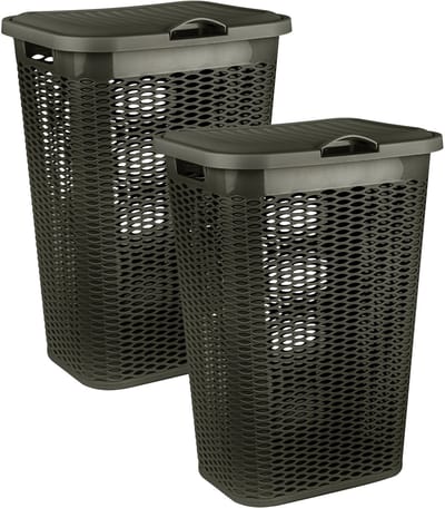 Plasticforte Wasmand Ventilation - 2x - met deksel - bruin - kunststof - 51 liter - 43 x 35 x 61 cm - Badkamer - Wasgoed - Nieuw design - Zeer stevig