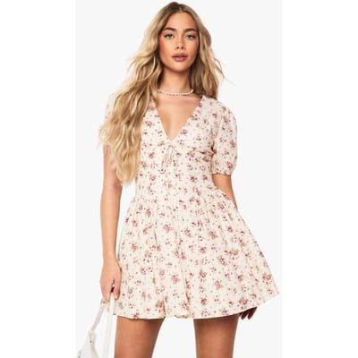 boohoo Dames Ditsy Floral Pofmouw Melkmeisje Mini Jurk | Stone | Maat: 10
