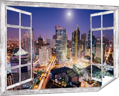 Gards Tuinposter Doorkijk Makati Stad Skyline in de Nacht in Thailand - 150x100 cm - Tuindoek - Tuindecoratie - Wanddecoratie buiten - Tuinschilderij