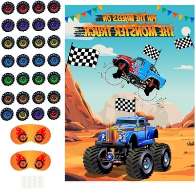 Pin de Wielen op de Truck - Verjaardagsfeest Spel voor Kinderen met Groot Poster en Stickers voor Auto Thema Feestdecoraties en Verjaardagspartij Accessoires