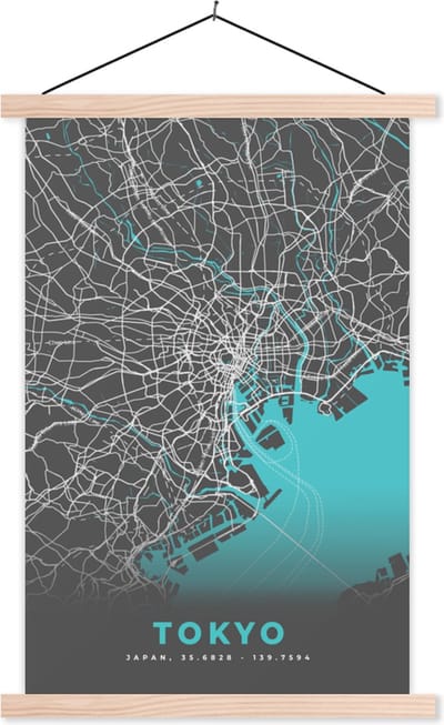 Posterhanger incl. Poster 40x60 cm - Schoolplaat - Tokyo - Stadskaart - Blauw - Plattegrond - Kaart - Textielposter - Blanke latten - Stadskaart