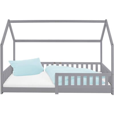 Kinderbed huisbed 90x200 cm lichtgrijs gemaakt van dennenhout incl. matras H-10cm uitvalbeschermend dak en lattenbodem ML-Design