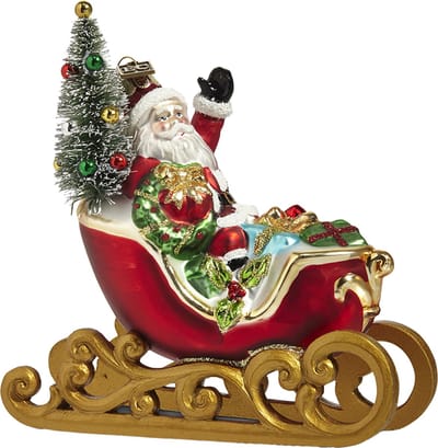 Viv! Christmas Kerstornament - Slee met Kerstman en Cadeaus - glas - rood - 13cm