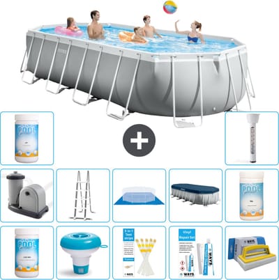 Intex Ovaal Prism Frame Zwembad - 610 x 305 x 122 cm - Grijs - Inclusief Pomp - Ladder - Grondzeil - Afdekzeil Chloor - Chloordrijver - Testrips - Reparatiesetje - Scrubborstel - PH-waarde - PH-waarde - Thermometer