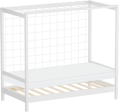 Kinderbed in de vorm van een voetbaldoel, 80 x 160 cm, wit, van grenenhout, inclusief matras (H-10 cm), handbaldoel met lattenbodem en doelnet ML-Design