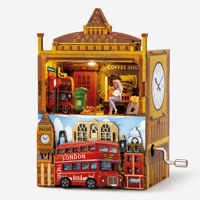 3D Houten Muziekdoos London Street Scene – DIY Miniatuur Bouwpakket met Licht en Handslinger – 69 Stukjes