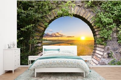 Behang - Fotobehang Platteland - Doorkijk - Zon - Breedte 375 cm x hoogte 280 cm