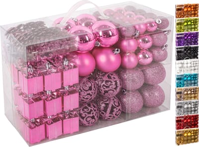 BRUBAKER Kerstballen - Set met Dennenappels, Kerstklokken, Geschenken, Kerstboompiek - Kerstboomversiering - 101 delen - Roze