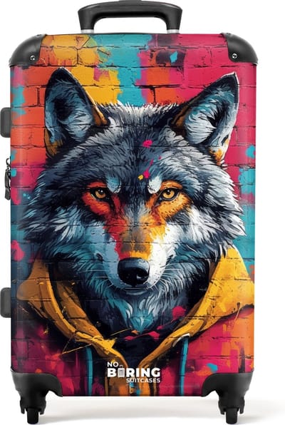 NoBoringSuitcases.com® - Koffer groot - Rolkoffer lichtgewicht - Kleurrijke vos met jas in graffiti stijl - Reiskoffer met 4 wielen - Grote trolley XL - 20 kg bagage