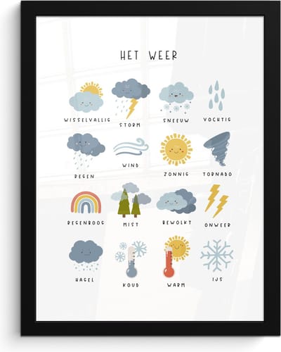 Poster in lijst - Fotolijst 30x40 cm - Posters - Het weer - Leren voor kinderen - Educatief - Regenboog - Zon - Posterlijst zwart - Kamer decoratie - Wanddecoratie kinderkamer - Muurdecoratie babykamer