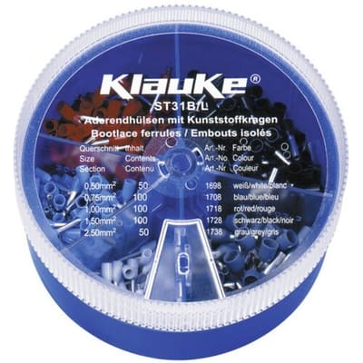 Klauke ST31B Assortiment adereindhulzen 0.5 mm², 0.75 mm², 1 mm², 1.5 mm², 2.5 mm² Deels geïsoleerd Wit, Blauw, Rood, Zwart, Grijs 400 onderdelen