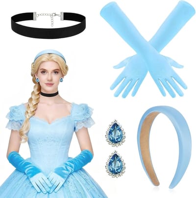 Kostuum voor Dames en Meisjes met Prinsessen Kroon, Blauwe Handschoenen en Zwart Choker met Oorbellen voor Halloween en Carnaval