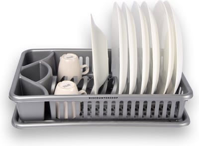 Afdruiprek met Lekbak - Vaatwasrek met Plateau en Bestekmand - Grijs - 43cm x 26cm x 10cm - Plastic - Keukenorganizers