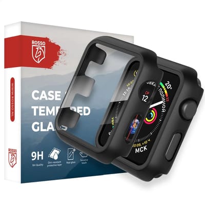 Rosso Tempered Glass met Hoesje Geschikt voor Apple Watch 38MM - Screen Protector met Ingebouwde Bumper Case - Full Protect - Zwart