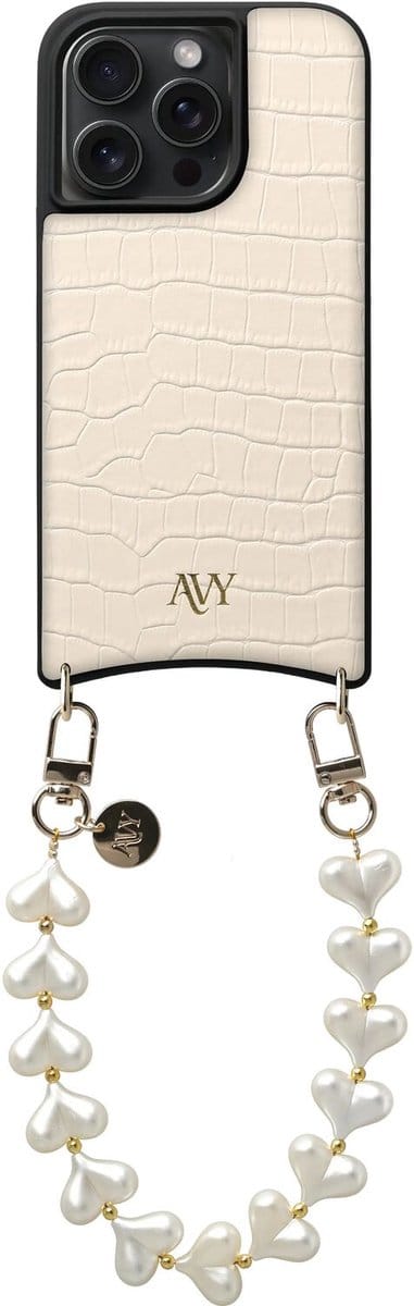 AVY Leren Hoesje Geschikt voor Apple iPhone 15 Pro Max | Compatibel met MagSafe | Leather Case met Telefoonkoord | Polsband | Croco Beige | Cupid Pearl