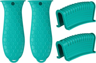 4-delige set antislip siliconen hitte-isolerende handgreephoezen en extra grepen, geschikt voor gietijzeren koekenpannen, hittebestendige handgreephoezen, geschikt voor koekenpannen, stoofpotten en andere kookgerei, meerblauw.