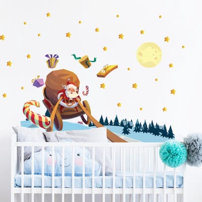 Kerststicker: Kerstman op zoek naar cadeaus - zelfklevende kerststickers - feestdecoratie - 100x150cm