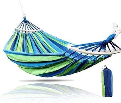 Draagbare Tuin Hangmat - Streeppatroon Bed - Ontspannen in de Natuur - Wasbaar Canvas Materiaal - 120kg Draagkracht - Gestreepte Kleuren