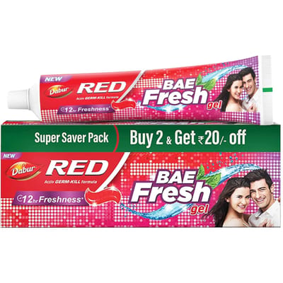 Dabur Red Bae Gel Dentifrice Fraîcheur Pack de 2 x 300g | Haleine Fraîche 12h, Protection contre les Germes, Contrôle de la Plaque Dentaire, Soin des Caries & Santé des gencives blue