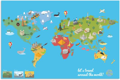 Wereldkaart Kinderen - Modern - Symbolen - 30x20 cm - Poster