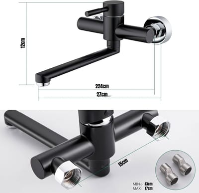 YOR® Keukenkraan Wandmontage - Wandkraan Keuken 360 Graden Draaibaar - Wandkraan Bovenuitloop Roestvrijstaal - Wandkraan Onderuitloop - Muurkraan Keuken Koud en Warm - Zwart - 29cm x 21cm x 9cm
