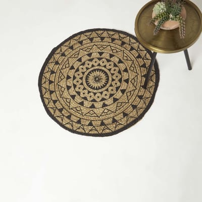 Homescapes rond vloerkleed Mandala 70 cm - gevlochten jute vloerkleed, zwart-naturel