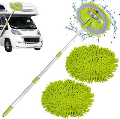 105 cm lange handgreep autowasborstel - microvezel chenille washandje - reinigingsborstel voor auto camper vrachtwagen caravan - 2 x dweilkop Telescopische wasborstel