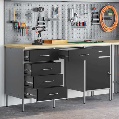 vidaXL - Werk - Cabinet - met - lade - 3 - st - Zwart - Engineered - hout - en - staal