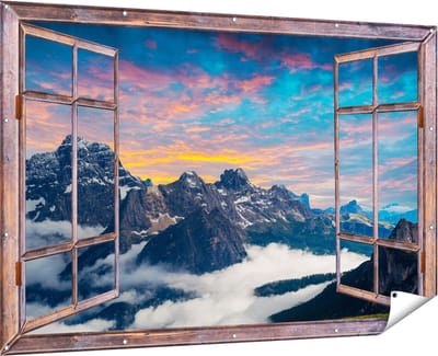 Gards Tuinposter Doorkijk Bergen Landschap met Wolken in Italië - 180x120 cm - Tuindoek - Tuindecoratie - Wanddecoratie buiten - Tuinschilderij