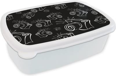 Broodtrommel Wit - Lunchbox - Brooddoos - Camera - Patronen - Zwart Wit - 18x12x6 cm - Volwassenen