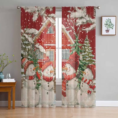 Sneeuwvlok Kerstboom Sneeuwpop Transparante Gordijnen voor Woonkamer Decoratie Raamgordijnen Keuken Tule Voile Gordijnen W135 x H115cm x1 brown