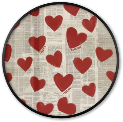Poster in lijst Rond - Fotolijst 60x60 cm - Posters - Hartjes - Krant - Loveyou - Ronde posterlijst zwart - Decoratie - Wanddecoratie woonkamer - Muurdecoratie slaapkamer