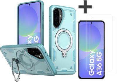Hoesje Geschikt voor Samsung Galaxy A36 met 2 Stuks gehard glas Screenprotectors - Armor hoes met Ringhouder - Arara backcover - Lake Blauw