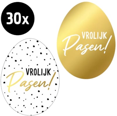 Vrolijk Pasen! Sticker - Sluitsticker - Sluitzegel Pasen - Happy Easter - Ei vorm - 2 assorti - Goud & Zwart/Wit - Kaart - Envelop - Stickers - Fijne Paasdagen - Paasfeest - Envelop stickers - Cadeau - Gift - Cadeauzakje - Traktatie - Chique inpakken