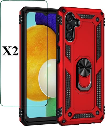 Hoesje Geschikt Voor Samsung Galaxy A34 Hoesje Anti-Shock Hybrid Armor hoesje Rood - Hoesje Geschikt Voor Samsung Galaxy A34 kickstand Ring houder TPU backcover hoesje - met screenprotector Galaxy A34 - 2 pack