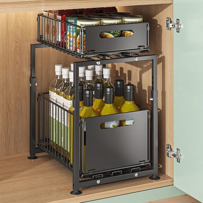 Organizer voor keukenkasten met dubbellagse telescopische lade - Metaal - Uittrekbaar - 37,5 x 29 x 41-49 cm